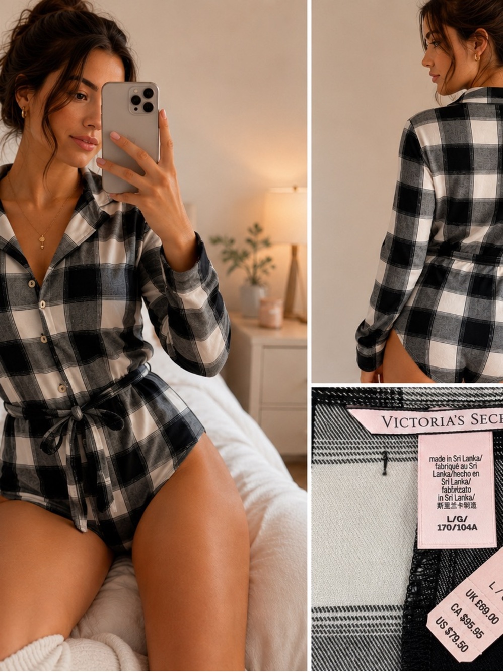 Victoria’s Secret Plaid Tie Waist Romper Bodysuit NWT Cozy Loungewear Size L